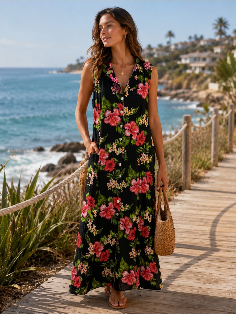 J&J Fashion Hawaii Black Floral Hibiscus Hawaiian Maxi Dress